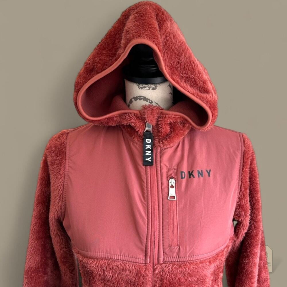 DKNY Sport Girls Faux Fur Hoodie Jacket L 14/16 Coral Rust Zip Front Sherpa - Picture 2 of 9